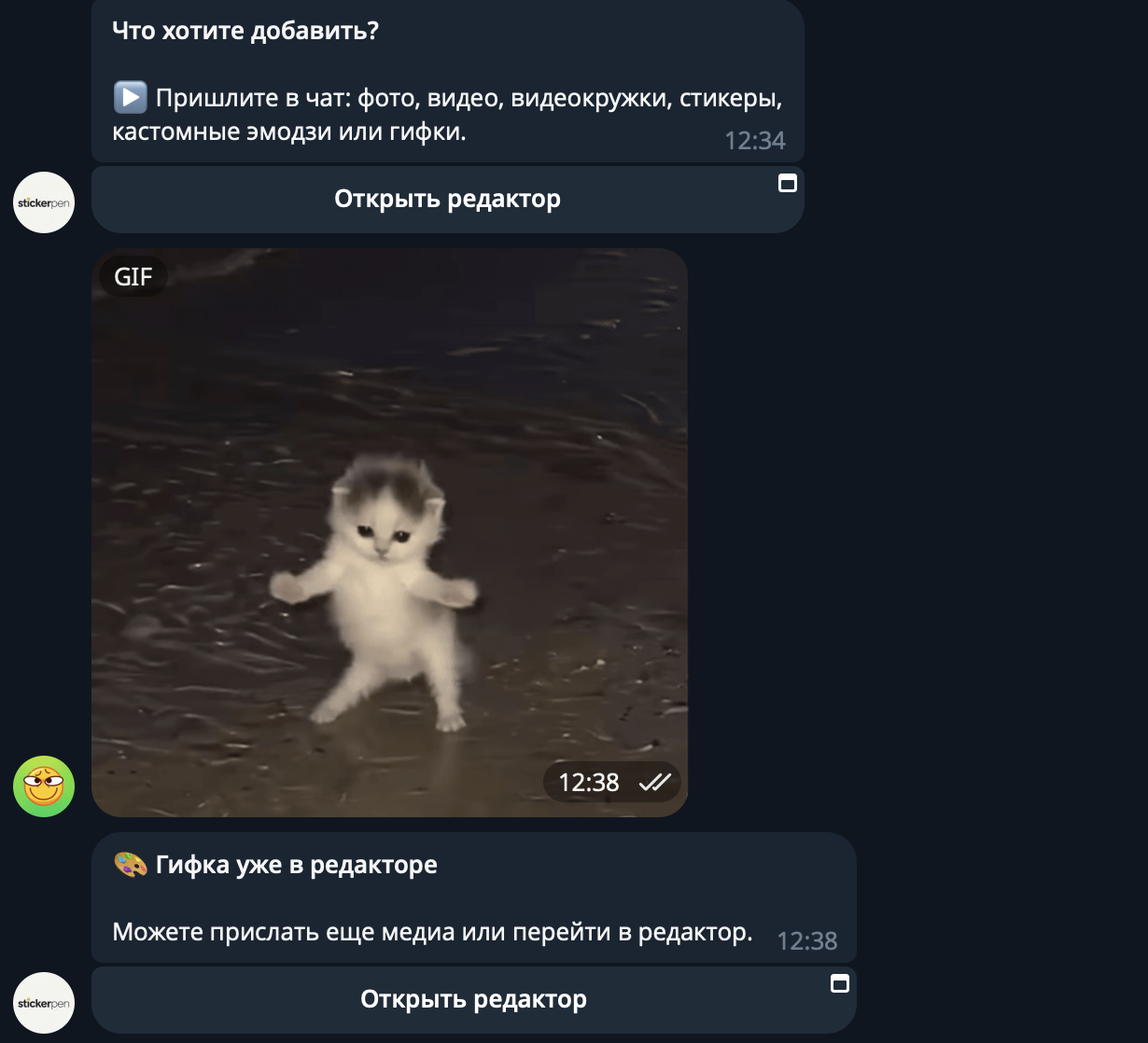 GIF отправлена в чат StickerPen и доступна для открытия в редакторе