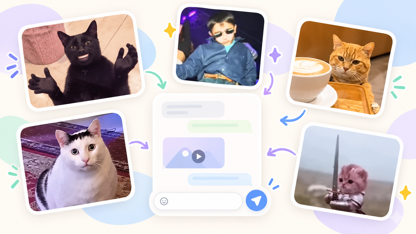 Мемные GIF вокруг ленты чата и редактора StickerPen