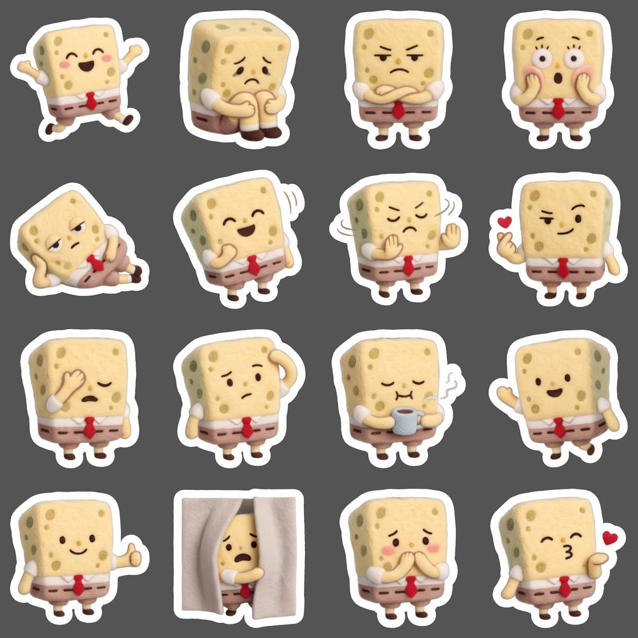 AI-generated sticker pack with one character showing different emotions