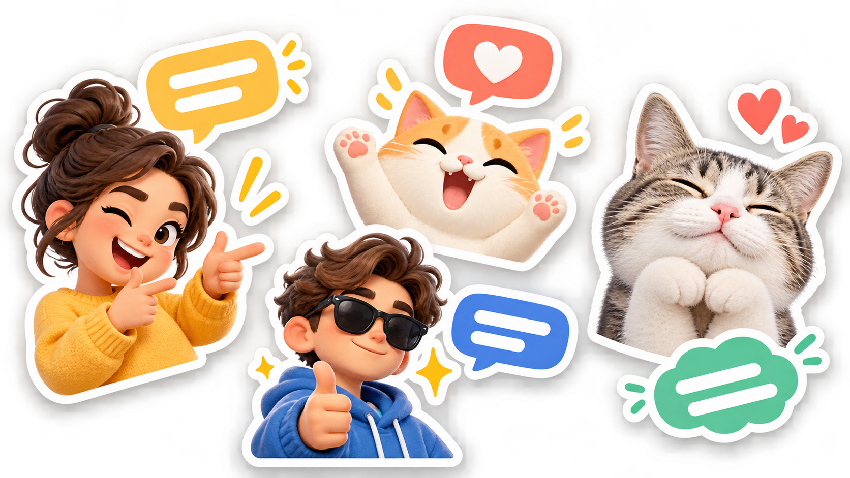 Sticker characters and a cat with white outlines and colorful caption bubbles