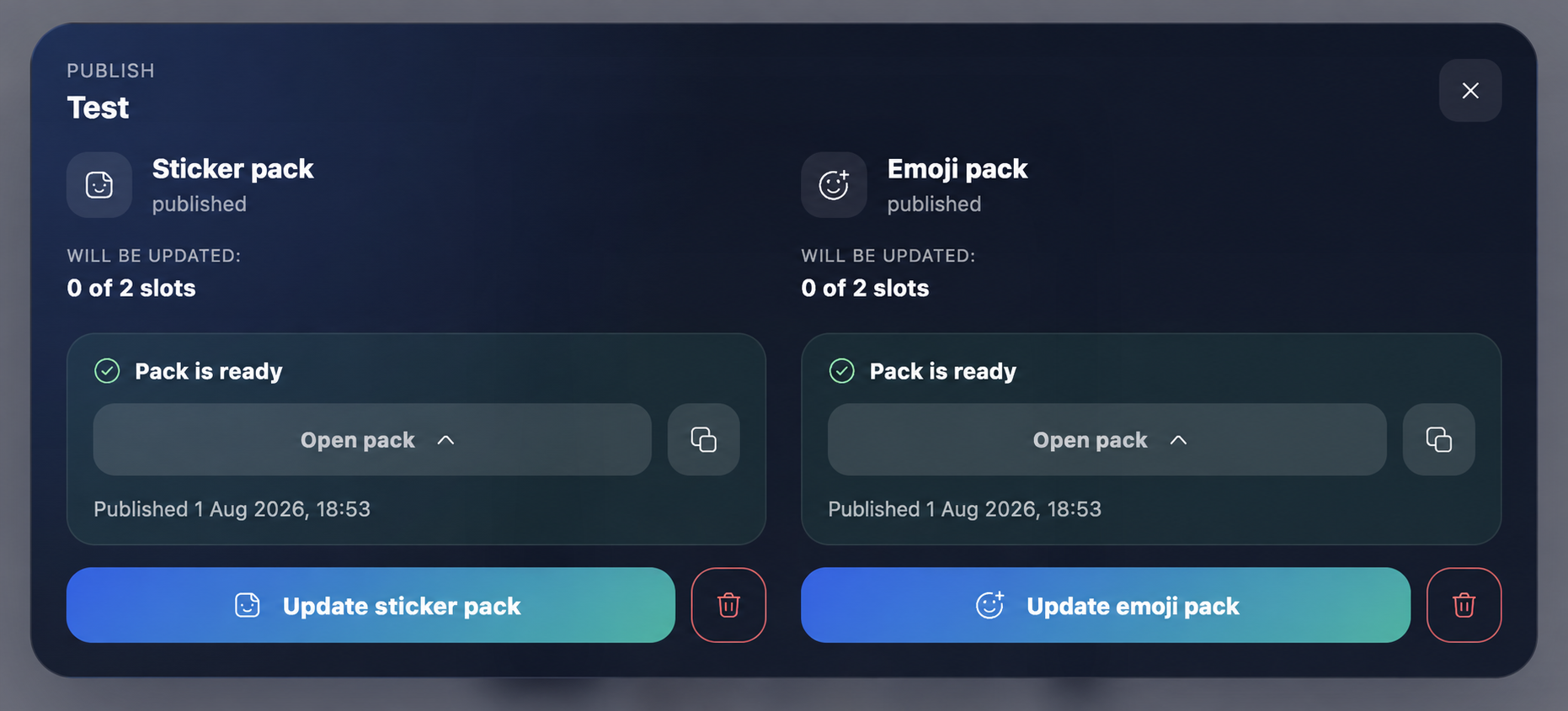 A published Telegram pack with an open and copy link action