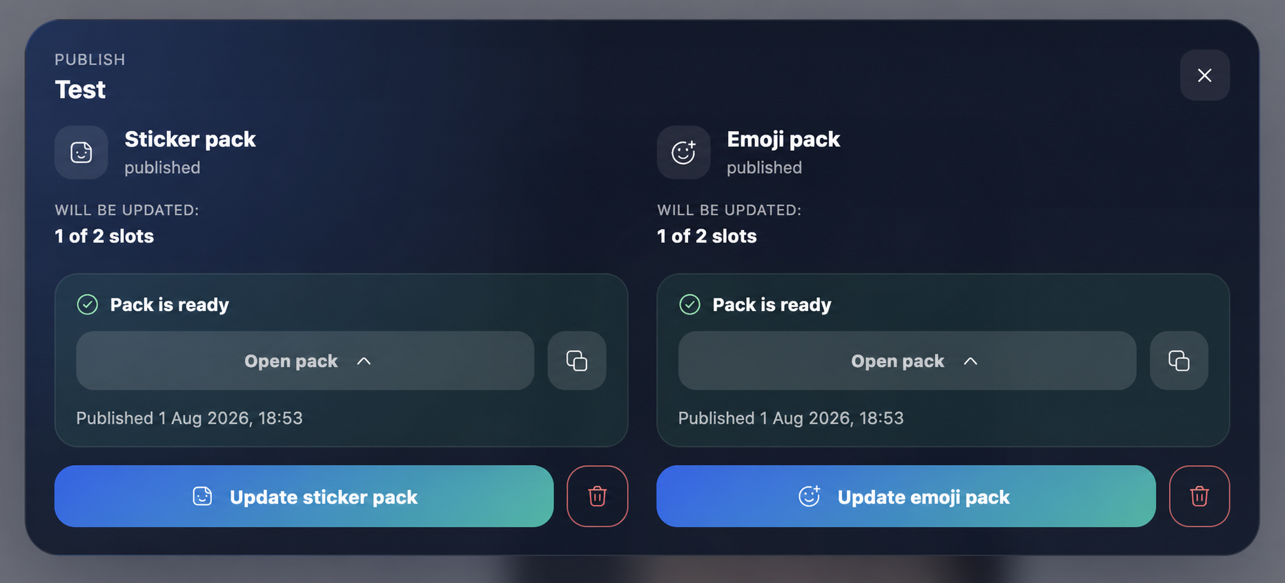 Changed slots ready to update in a published pack